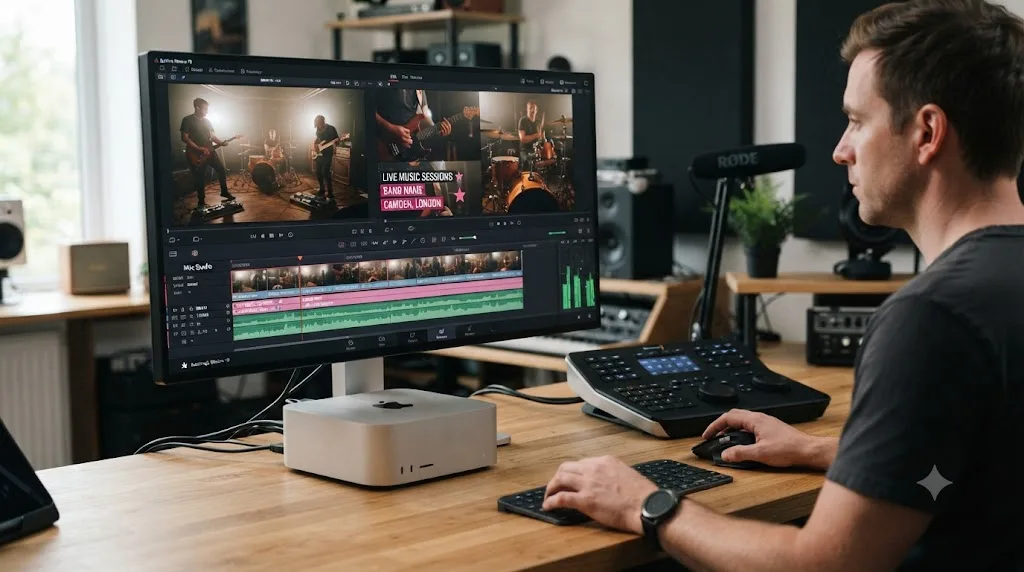 Illustration of an M4 Max Mac Studio editing a four-camera Blackmagic RAW multicam project with Fusion titles in DaVinci Resolve