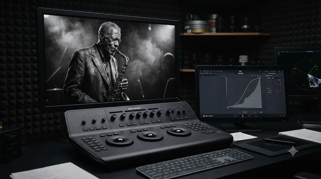 Illustration of a contrast curve being applied to a black and white image in DaVinci Resolve's Custom Curves palette