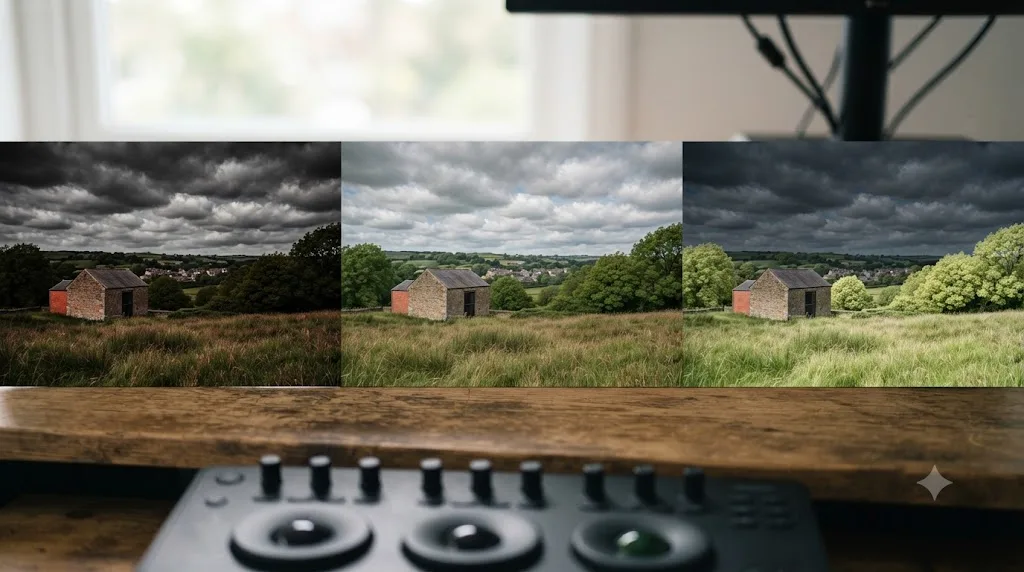 Illustration comparing red, orange, and green filter recipes applied to the same black and white landscape shot
