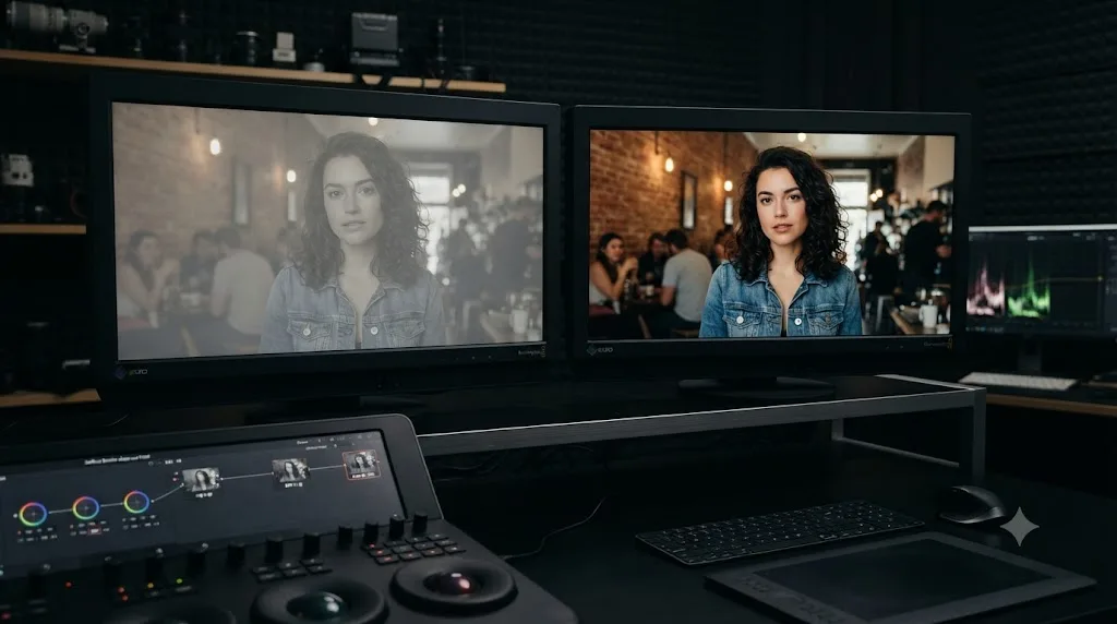 Illustration comparing unnormalized log footage and normalized footage before a black and white conversion in DaVinci Resolve