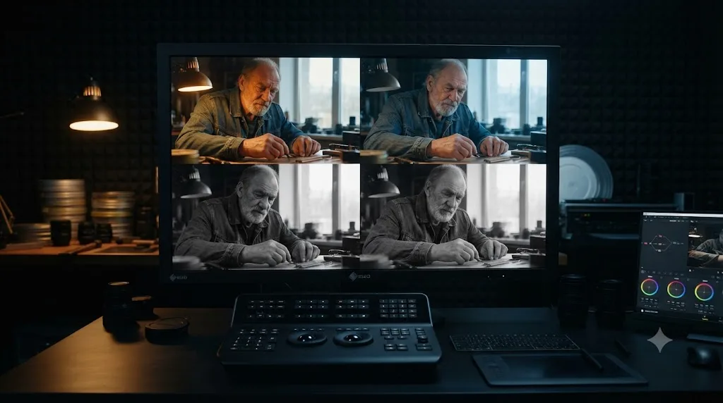 Illustration of a mixed-lighting shot being color matched before a black and white conversion in DaVinci Resolve