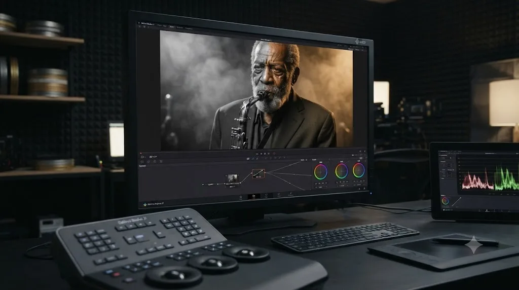 Illustration of a still image being converted to black and white on the DaVinci Resolve 21 Photo page