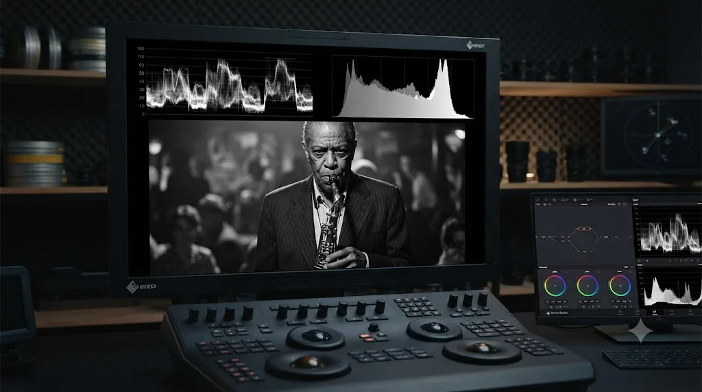 Illustration of the waveform and histogram scopes used to match black and white shots across a scene in DaVinci Resolve