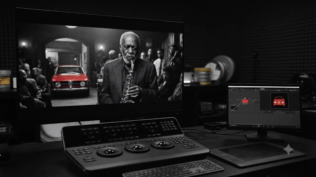 Illustration of a selective color effect keeping one object in color against a black and white background in DaVinci Resolve