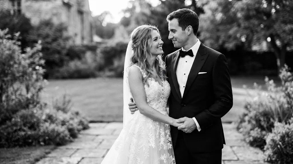 Illustration of a wedding portrait in black and white with preserved texture in a white dress and a black tuxedo
