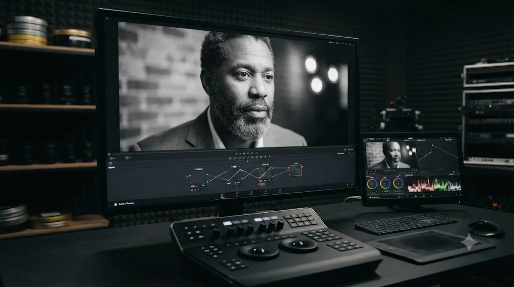 Illustration of a labeled node chain for a complete black and white grade in DaVinci Resolve