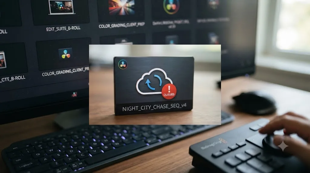 Illustration of a DaVinci Resolve project icon with a cloud sync spinner stuck mid-upload