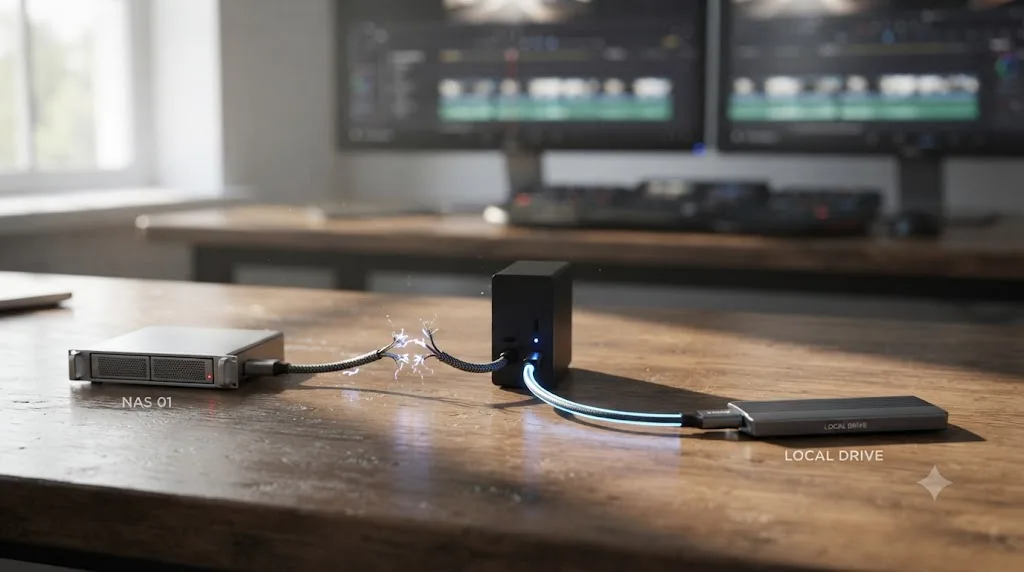 Illustration of a DaVinci Resolve project media path on a NAS with a broken sync connection next to a stable local drive