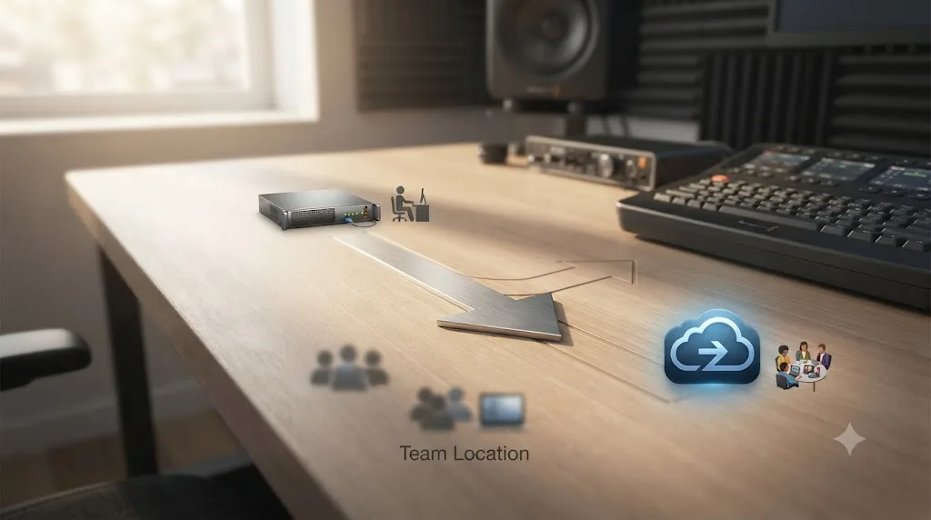 Illustration of a decision arrow splitting toward a local Project Server or Blackmagic Cloud based on team location