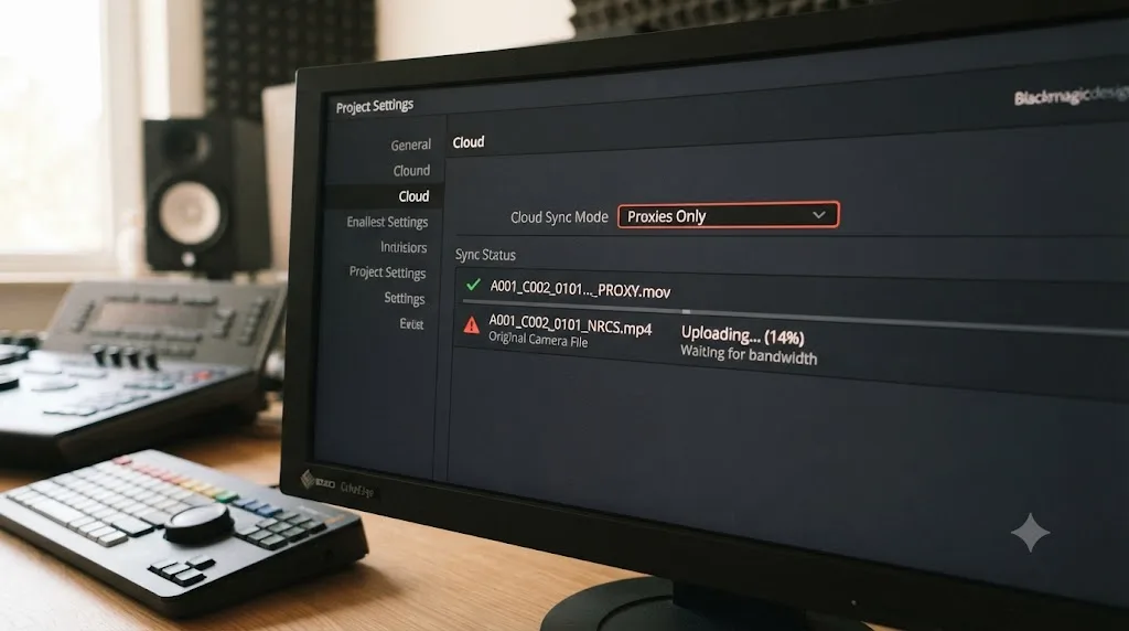 Illustration of a Blackmagic Cloud sync mode set to proxies only while an original camera file uploads anyway