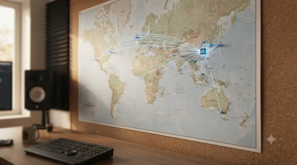 Illustration of a Blackmagic Cloud server region on a world map connected to editors across different countries by sync lines of varying length