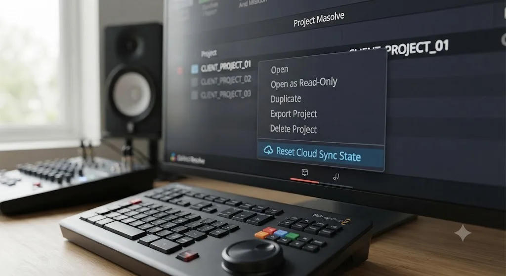 Illustration of a DaVinci Resolve Project Manager context menu with a Reset Cloud Sync State option highlighted