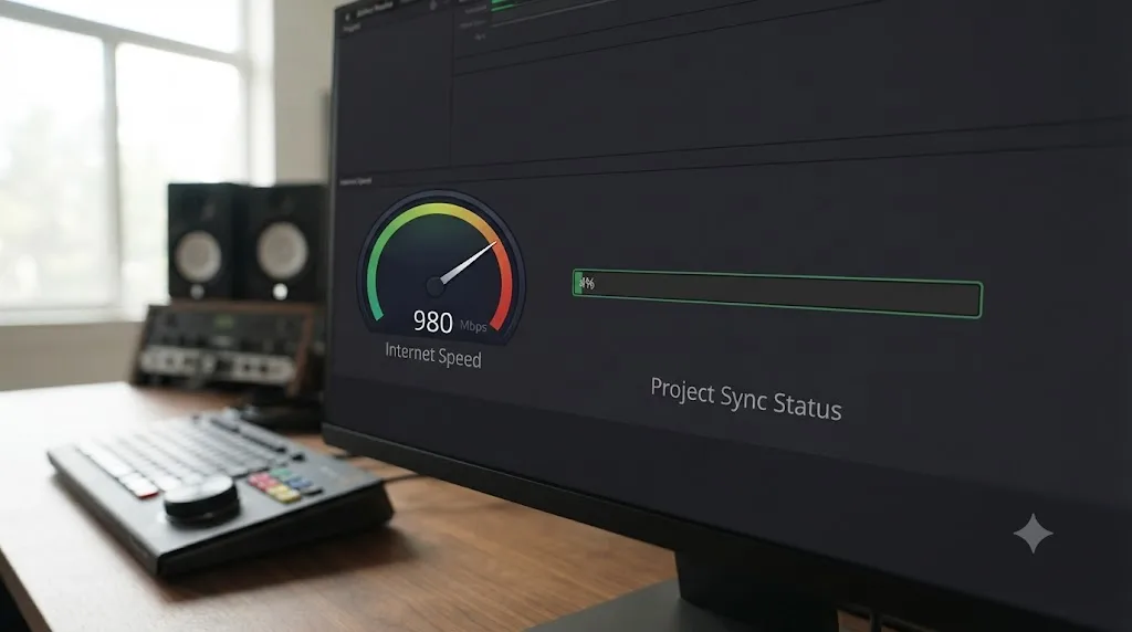 Illustration of a fast internet speedometer next to a nearly empty Blackmagic Cloud sync progress bar