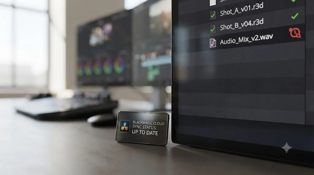 Illustration of a Blackmagic Cloud sync status showing up to date while one file remains queued for upload