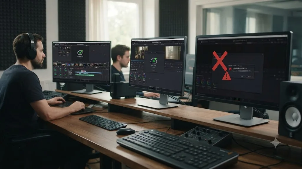 Illustration of a team of editors on mismatched DaVinci Resolve versions with one failing to connect to a shared cloud project