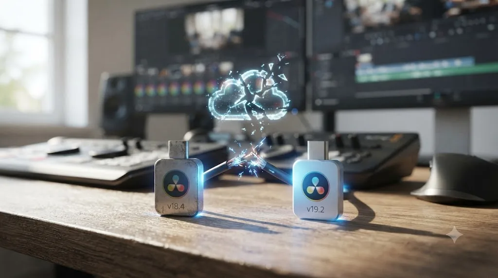 Illustration of a version mismatch breaking a shared DaVinci Resolve Blackmagic Cloud project between an older and newer release