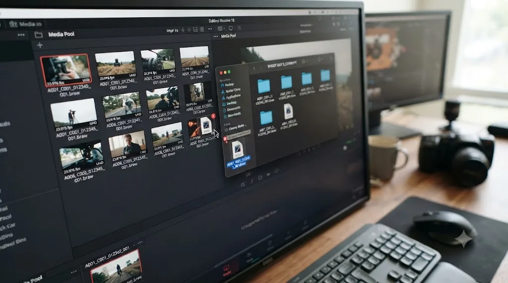 Illustration of a DaVinci Resolve media pool rejecting a Blackmagic RAW file icon
