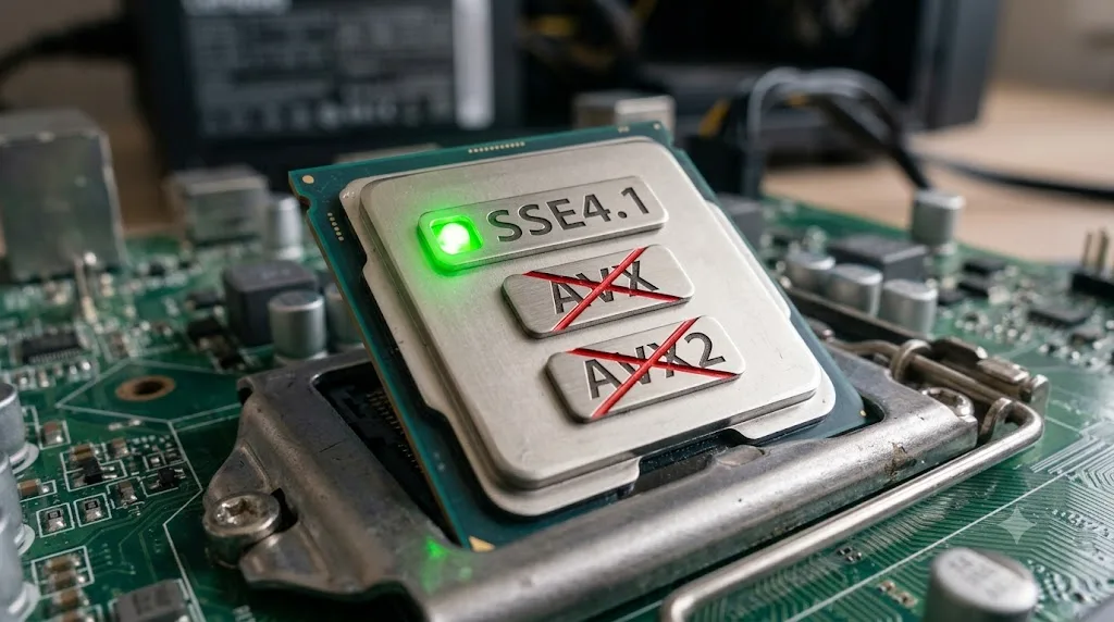 Illustration of a CPU chip showing AVX, AVX2, and SSE4.1 instruction set compatibility for Blackmagic RAW decoding