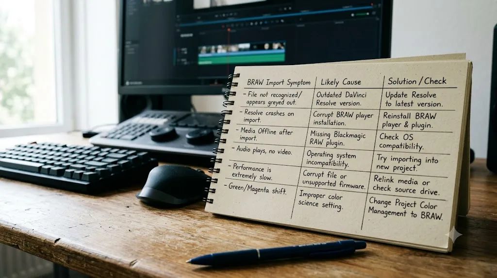 Illustration of a checklist table matching Blackmagic RAW import symptoms in DaVinci Resolve to their fixes