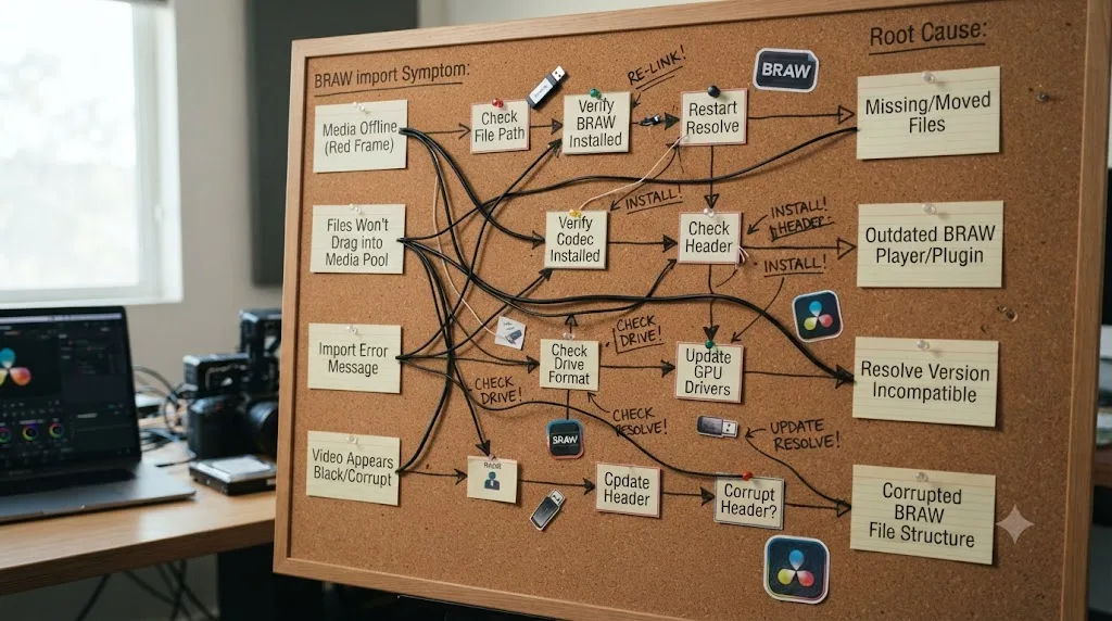 Illustration of a decision tree mapping Blackmagic RAW import symptoms to their causes