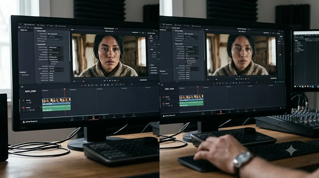 Illustration comparing DaVinci Resolve's Decode Quality settings on an already imported Blackmagic RAW clip