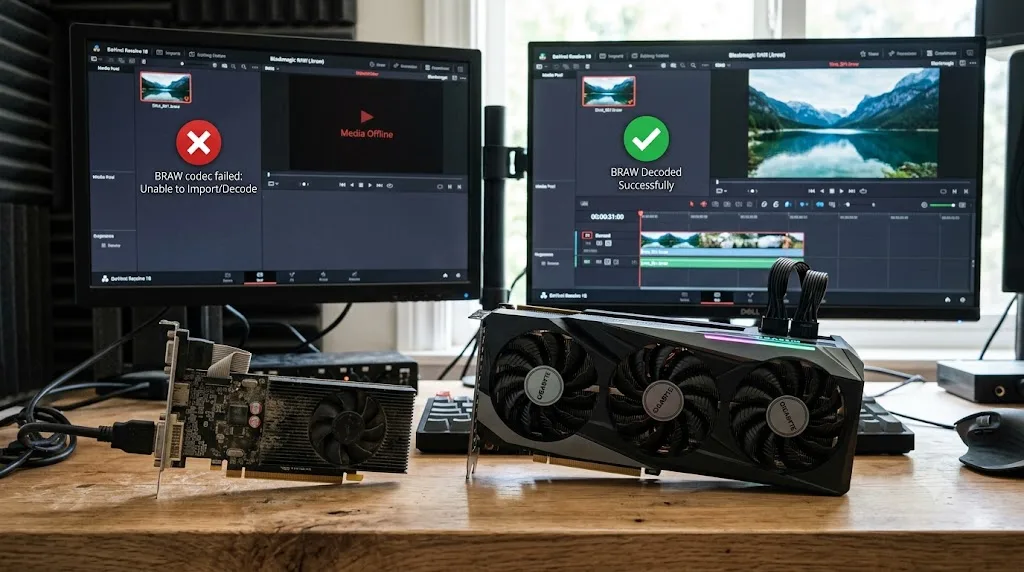 Illustration comparing an outdated graphics card and a modern GPU decoding a Blackmagic RAW file