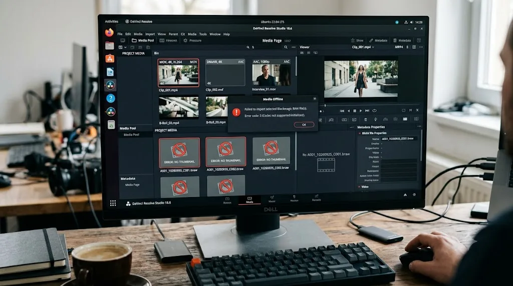 Illustration of DaVinci Resolve on Linux failing to import a Blackmagic RAW file while other video formats load