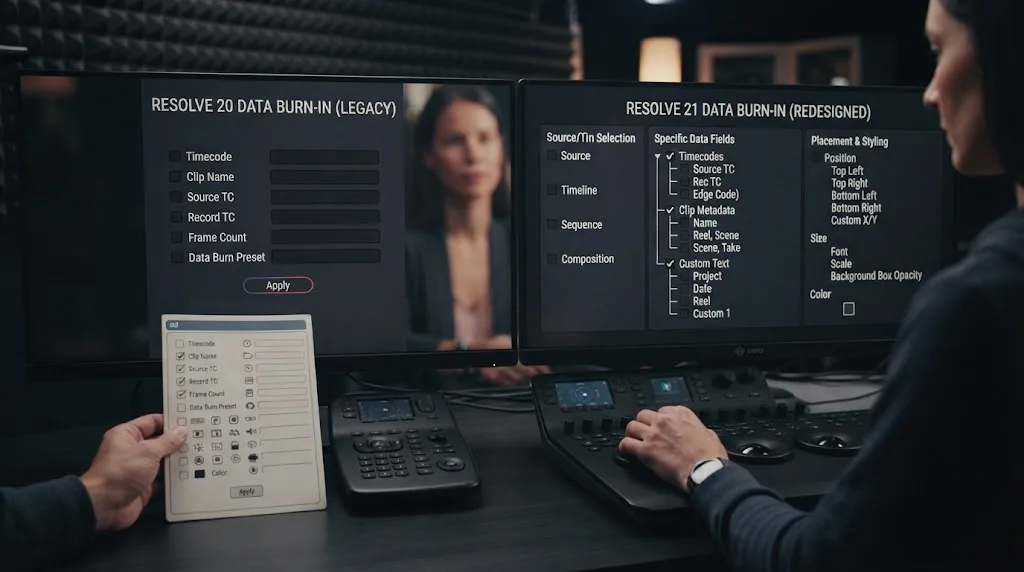 Illustration of the DaVinci Resolve 21 Data Burn-In redesign