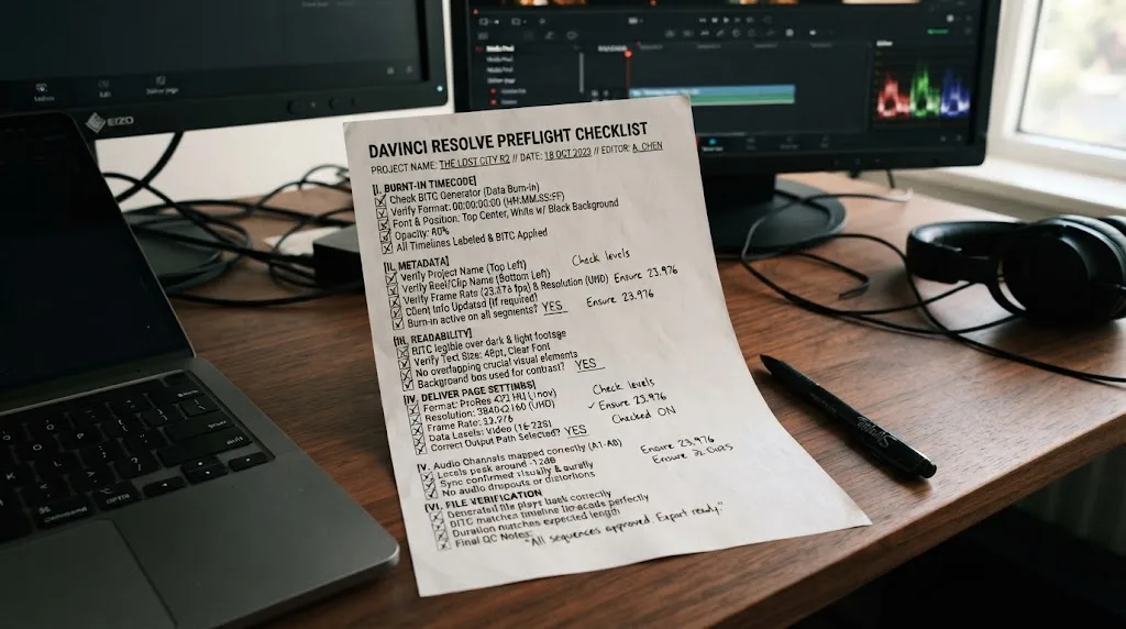 Illustration of a DaVinci Resolve burned-in review preflight checklist