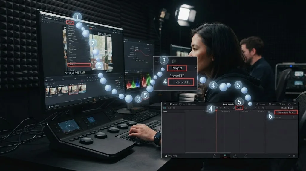 Illustration of the DaVinci Resolve 21 timecode burn-in workflow