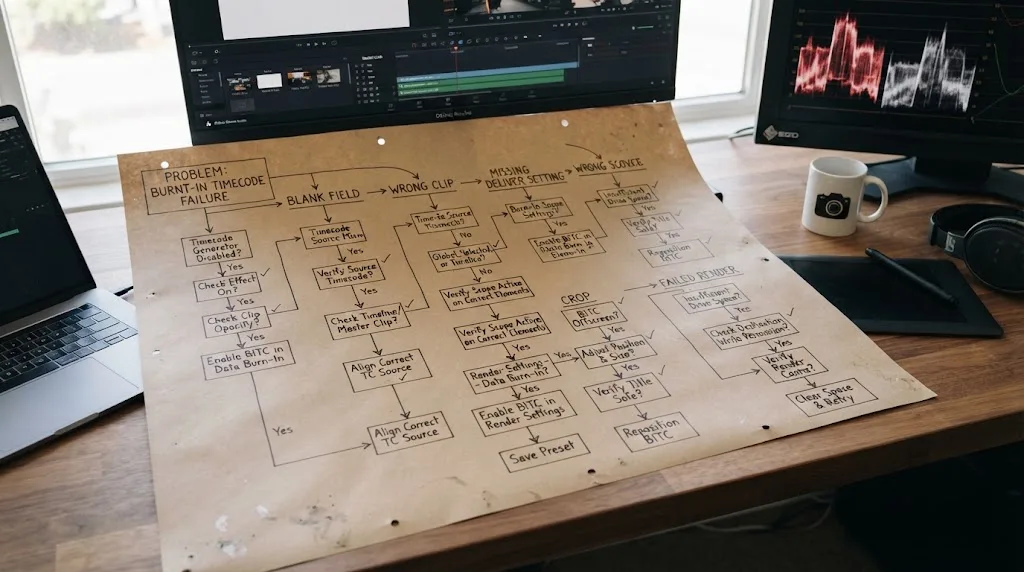Illustration of a DaVinci Resolve timecode burn-in troubleshooting decision tree
