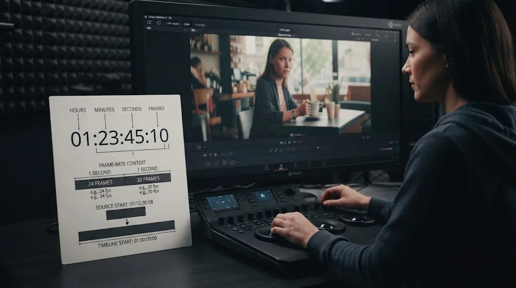 Illustration of timecode format and frame-rate context in DaVinci Resolve