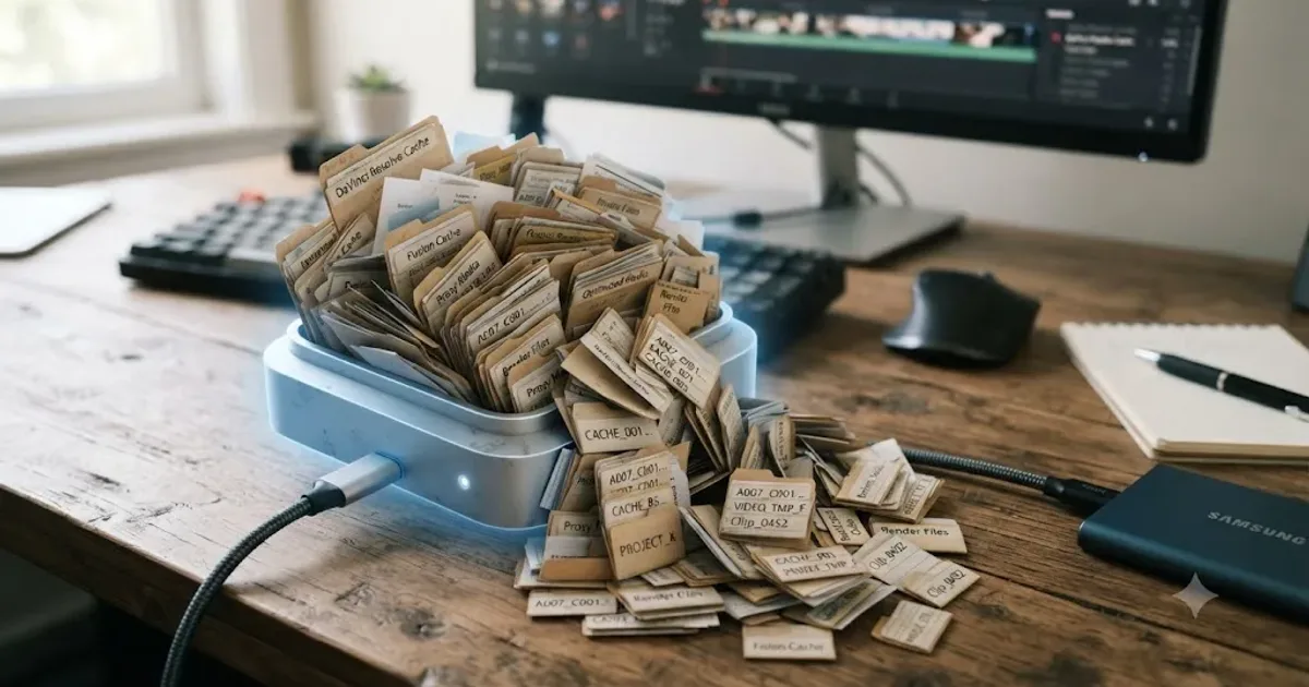 Illustration of DaVinci Resolve cache files spilling out and filling up a hard drive icon