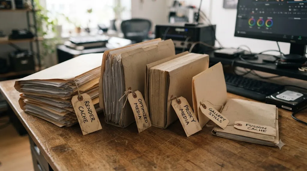 Illustration of a file manager window deleting DaVinci Resolve's OptimizedMedia cache folder manually