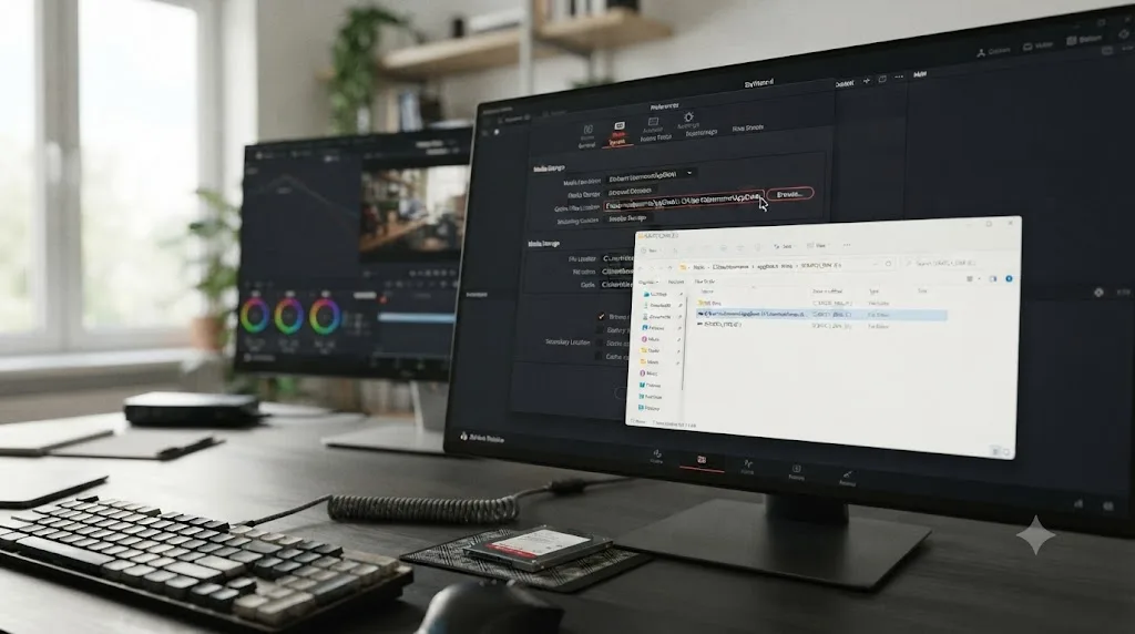 Illustration of DaVinci Resolve's Cache Files Location setting being changed to point at a dedicated SSD