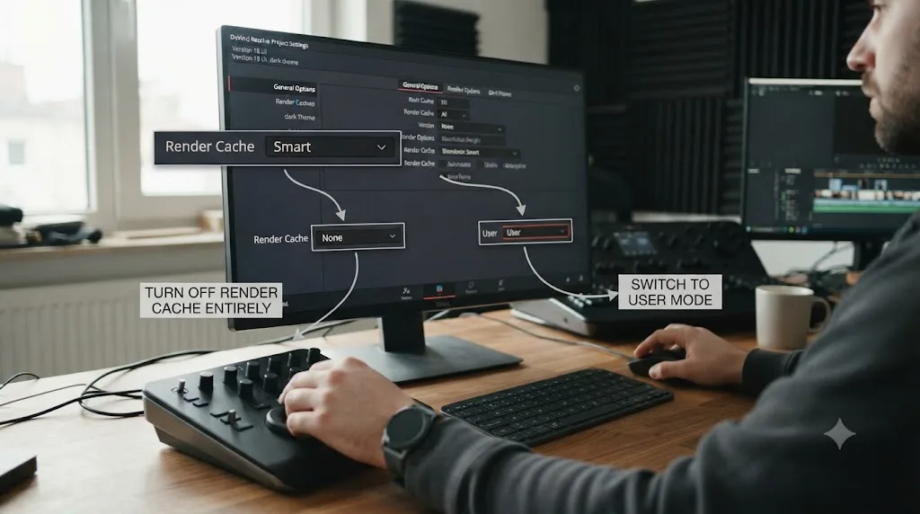 Illustration of a decision fork between disabling DaVinci Resolve's Render Cache and switching to User mode