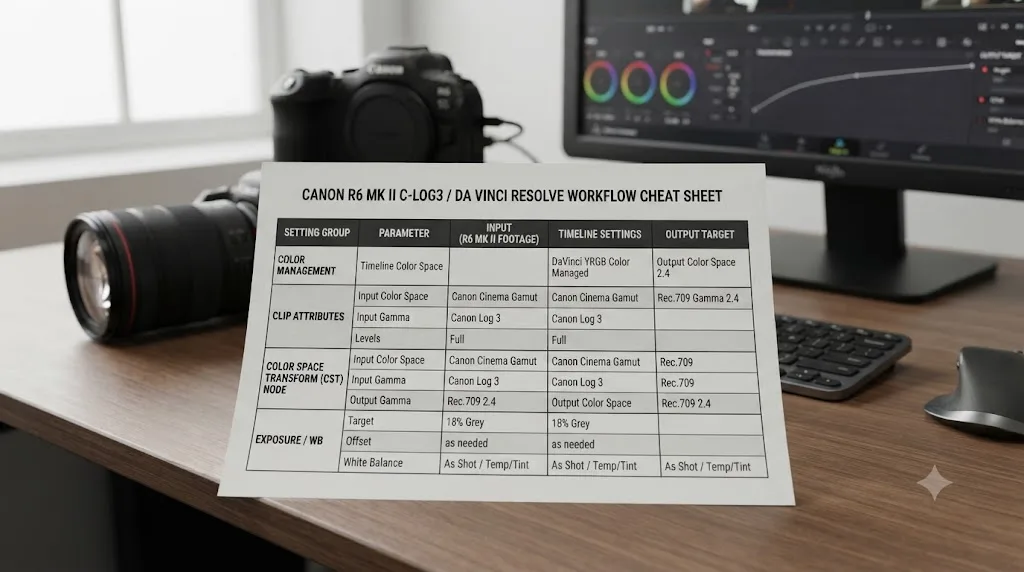 Illustration of a settings cheat sheet table for Canon R6 Mark II C-Log3 import and Color Space Transform values in DaVinci Resolve