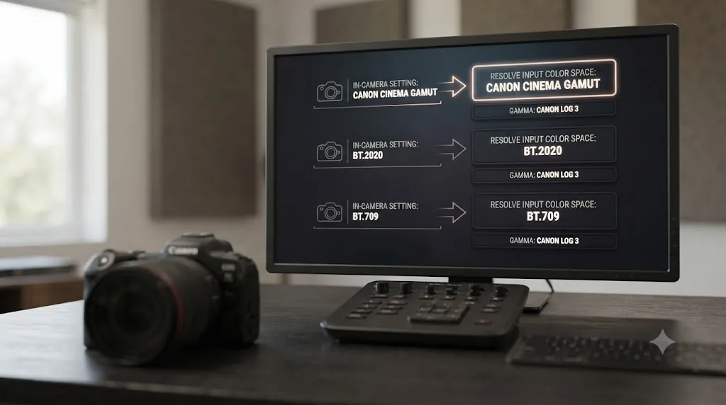 Illustration of a decision chart matching Canon R6 Mark II in-camera color space settings to DaVinci Resolve Input Color Space options