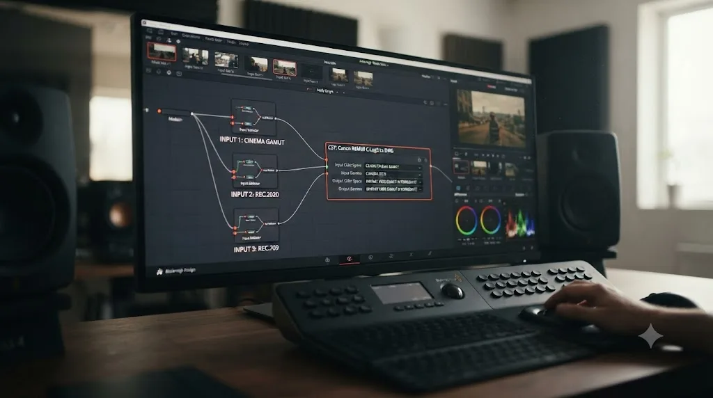 Illustration of a DaVinci Resolve Color Space Transform node with three input color space options for Canon R6 Mark II C-Log3 footage