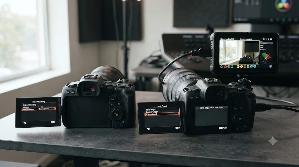 Illustration comparing Canon R6 Mark II internal recording tagged Cinema Gamut against HDMI output that always converts to Rec.2020