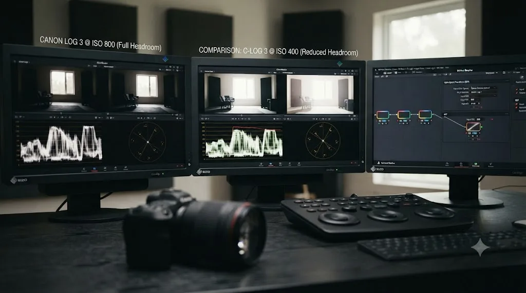 Illustration comparing Canon Log 3 dynamic range at ISO 800 against a lower ISO setting with reduced highlight headroom