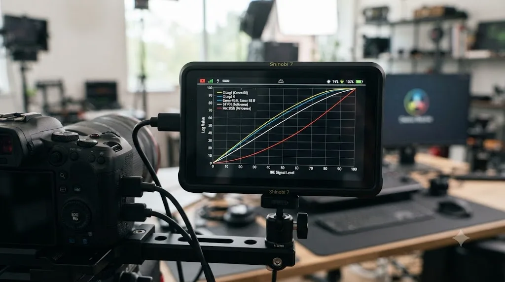 Illustration comparing Canon Log gamma curve options across the R6 Mark II, R5, R5 Mark II, and R6 Mark III cameras