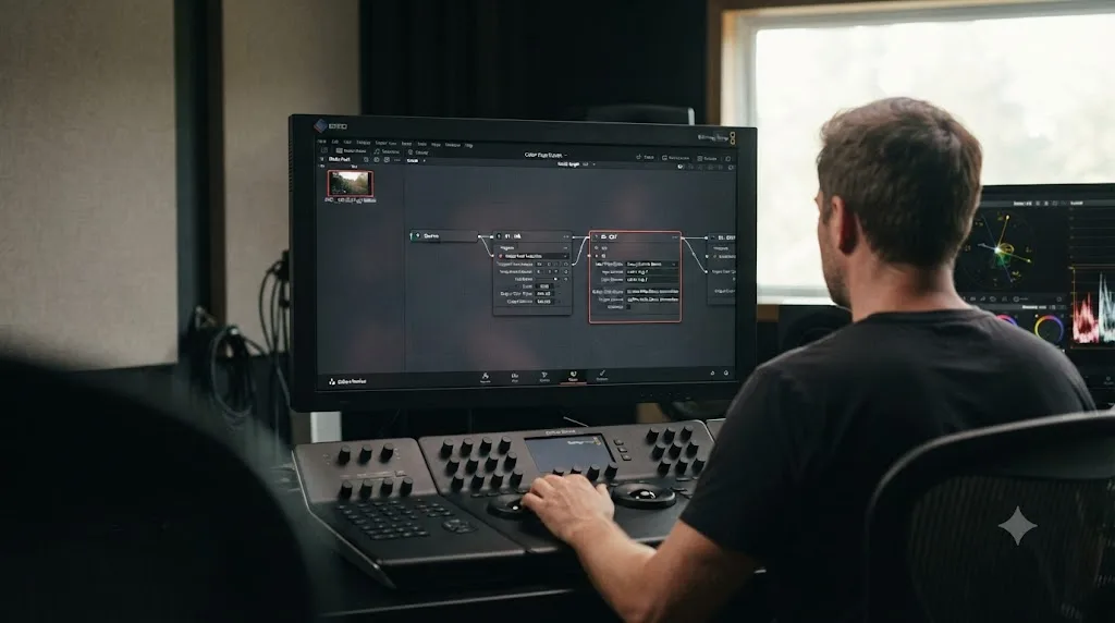 Illustration of a DaVinci Resolve node graph with a Noise Reduction node placed before a Color Space Transform node on Canon R6 Mark II C-Log3 footage