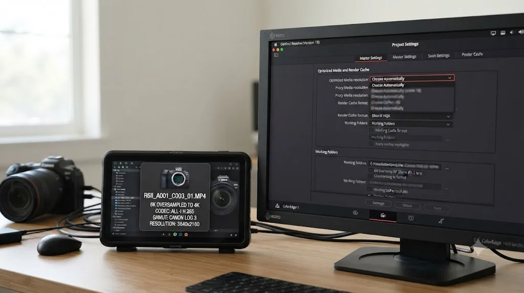 Illustration of a DaVinci Resolve Optimized Media settings panel next to a 6K oversampled 4K file icon from a Canon R6 Mark II
