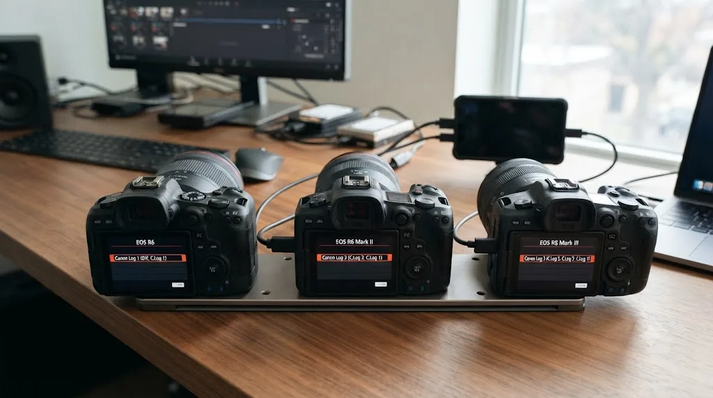 Illustration comparing the original Canon EOS R6, EOS R6 Mark II, and EOS R6 Mark III cameras with their available Canon Log gamma options