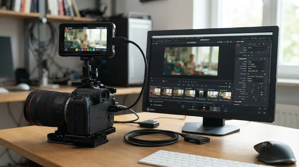Illustration of a Canon R6 Mark II connected to an external recorder over HDMI capturing ProRes RAW, next to a DaVinci Resolve Camera RAW panel