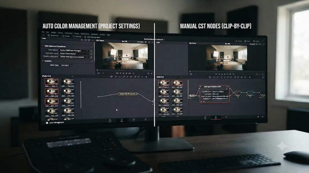 Illustration comparing DaVinci Resolve automatic Color Management tagging against manual Color Space Transform nodes for Canon R6 Mark II footage