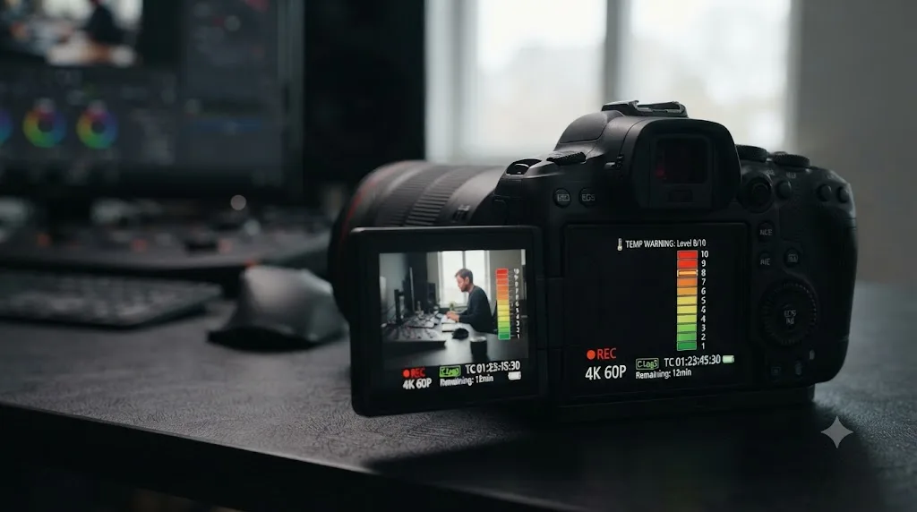 Illustration of a Canon EOS R6 Mark II camera screen displaying a temperature warning indicator during 4K recording