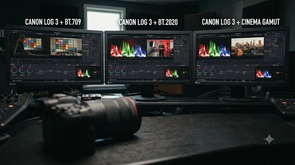 Illustration comparing Canon EOS R6 Mark II color space options BT.709, BT.2020, and Cinema Gamut paired with Canon Log 3