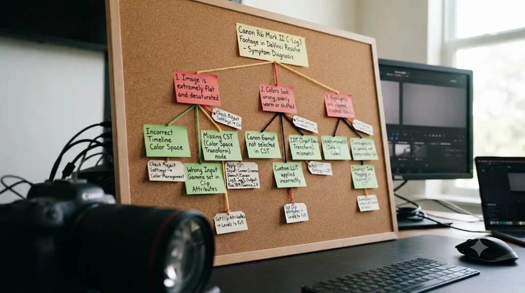Illustration of a troubleshooting decision tree matching Canon R6 Mark II C-Log3 footage symptoms in DaVinci Resolve to their causes
